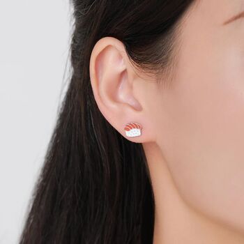Mismatched Salmon And Prawn Sushi Stud Earrings In Sterling Silver, 9 of 12