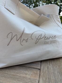 Custom Mrs Italic Font Embroidered Personalised Canvas Tote Bag, 2 of 2