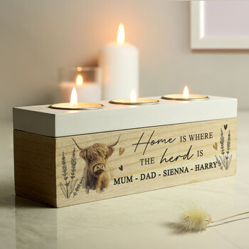 Personalised Highland Cow Triple Tea Light Holder Box, 3 of 6