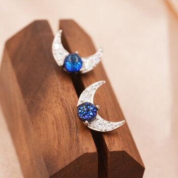 Crescent Moon And Blue Crystals Stud Earrings, 5 of 11