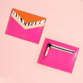 Personalised Leather Card Holder Pink + Zebra Print, 2 of 5