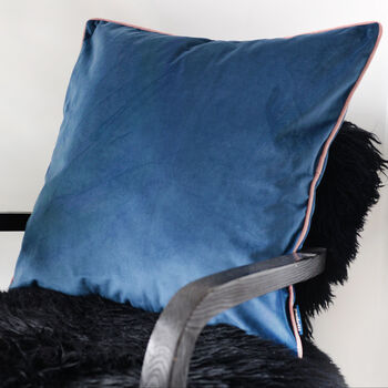 Petrol Blue Velvet Cushion With Blush Piping, 2 of 2
