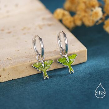 Sterling Silver Lunar Moth Enamel Huggie Hoop Earrings, 2 of 10