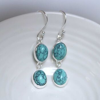 Sterling Silver Double Turquoise Dangly Oval Earrings, 2 of 4