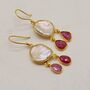 Pearl Ruby Earrings, June, July Birthstone Dangle Drop Gold Earrings, thumbnail 1 of 8