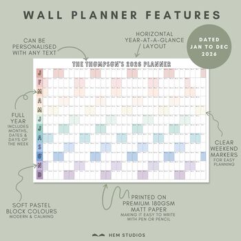 Personalised 2026 Wall Planner A2 Or A1 Calendar, 4 of 7