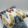 Square Ikat Silk Cushion Abstract Multi Coloured Yellow, Blue, Burgundy, thumbnail 6 of 9
