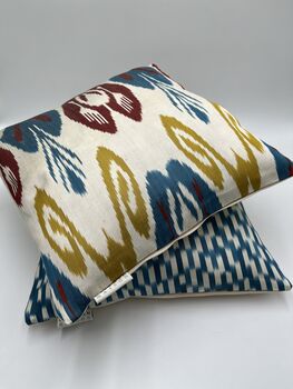 Square Ikat Silk Cushion Abstract Multi Coloured Yellow, Blue, Burgundy, 6 of 9