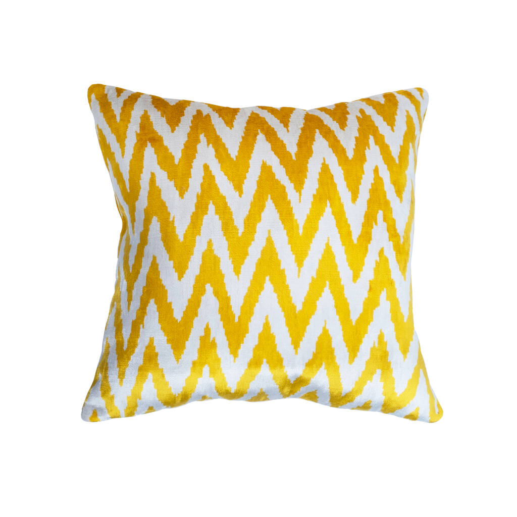 Yellow Zig Zag Ikat Silk Velvet Pillow Cover 40x40cm By