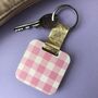 Personalised Pink Gingham Print Wooden Keyring, thumbnail 1 of 6