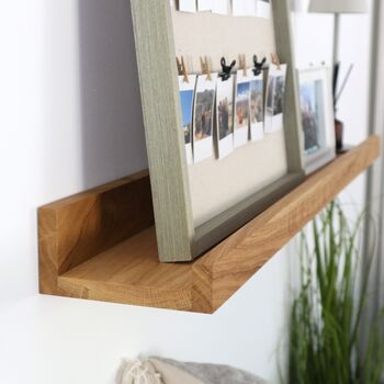 Solid Oak Floating Picture Ledge Shelf Made To Measure With Carved Text, 5 of 10