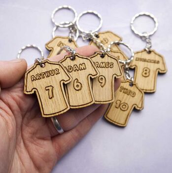 Personalised Football Shirt Keyring With Engraved Names And Numbers — Perfect For Kids' Party Favours, Team Gifts Or Stocking Fillers, 7 of 7