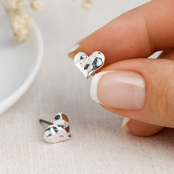 Silver Plated Hammered Heart Stud Earrings – 12mm, 3 of 7