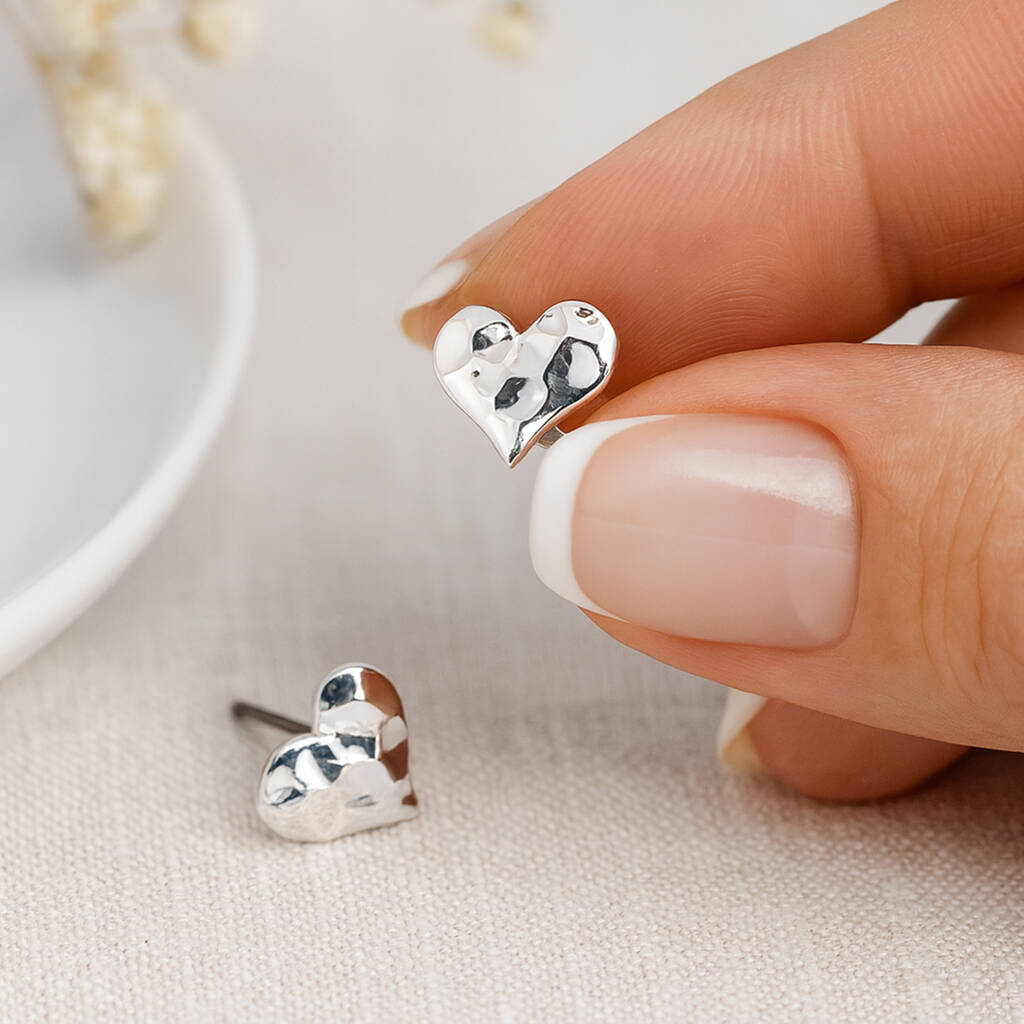 Silver Hammered Heart Stud Earrings – 12mm, 1 of 6