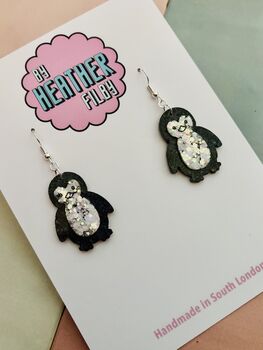 Small Penguin Christmas Glitter Resin Earrings / Festive Jewellery Sparkly Winter Drops / Christmas Gift Small Sparkly Penguin Accessories, 2 of 4