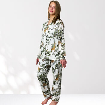 Giraffe And Leopard Print 100% Cotton Ladies Pyjamas In White, 4 of 10