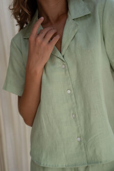 Sage Green 100% Linen Short Pyjama Set, 3 of 7