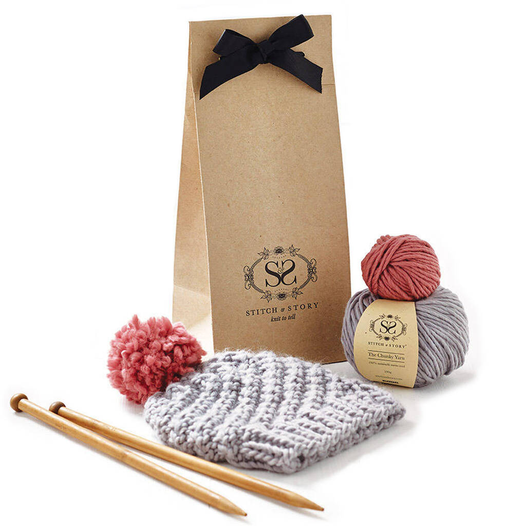 Knit Your Own Luca Pom Hat In Stormy Grey + Dust Pink By Stitch & Story