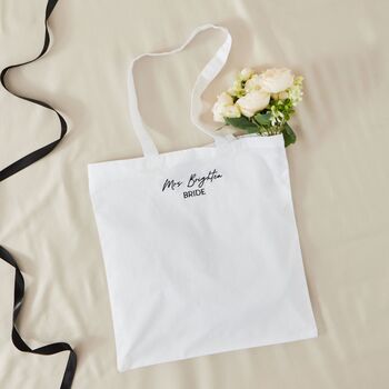 Personalised White Bride Tote Bag With Script Font, 2 of 4