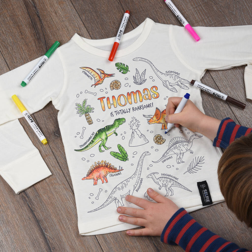 Personalised Dinosaur Colour In Top With Fabric Pens, 1 of 10