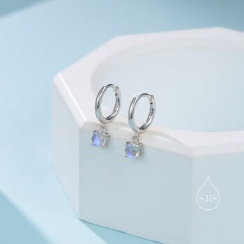 Tiny Moonstone Huggie Hoop Earrings In Sterling Silver, 7 of 11