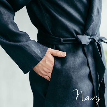 Navy Linen Robe For Men, 4 of 12