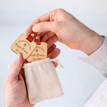 Personalised First Home Wooden Keyring For Couples, 3 of 4