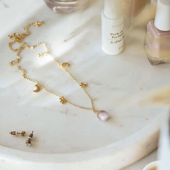 Gold Plate Rose Quartz Pendant Moon And Star Necklace, 2 of 3