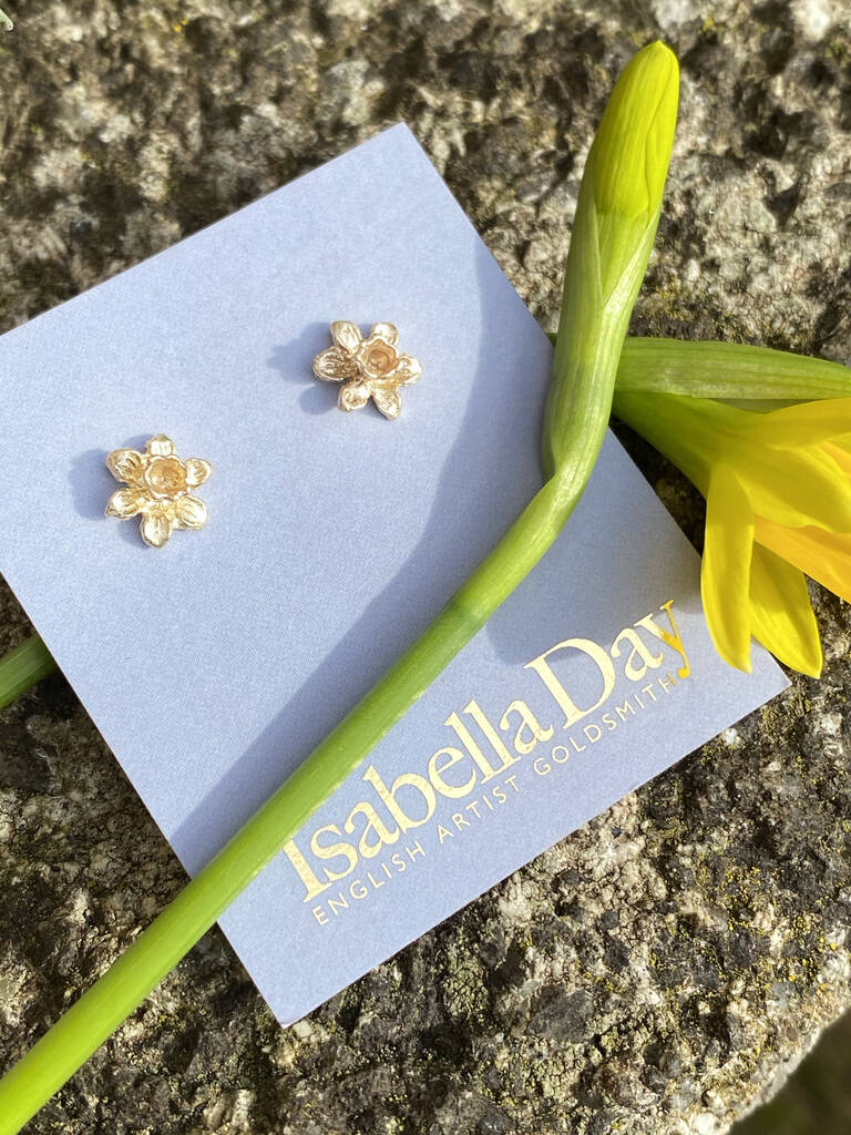 Tiny Daffodil Stud Earrings In Solid Gold, 1 of 5