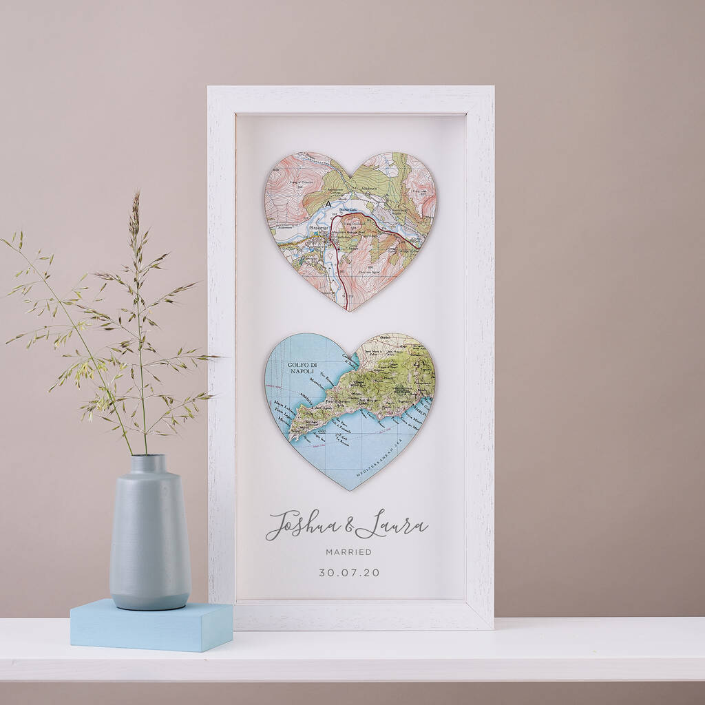 Two Custom Map Hearts Wedding Anniversary Print, 1 of 4