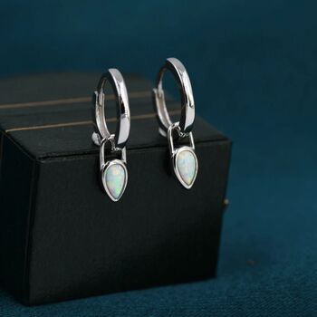 White Opal Dagger Huggie Hoop Earrings Sterling Silver, 2 of 12