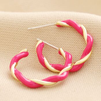 Pink Twisted Enamel Hoop Earrings In Gold Plating, 3 of 4