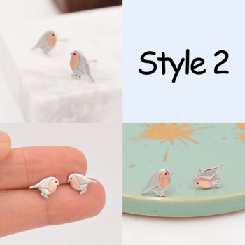 Sterling Silver Tiny Robin Bird Stud Earrings Six Styles Available, 3 of 12