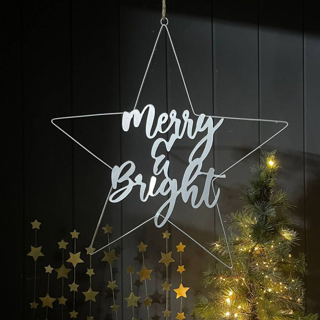 'Merry And Bright' Silver Star Hanging Decoration