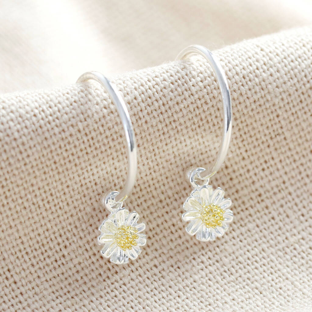 Daisy Charm Hoop Earrings In Silver Plating By Lisa Angel