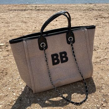 Personalised Beige And Black Large Chain Tote Beach Bag, 6 of 7