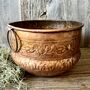 A Floral Embossed Vintage Style Copper Planter With Brass Ring Handles, thumbnail 4 of 11