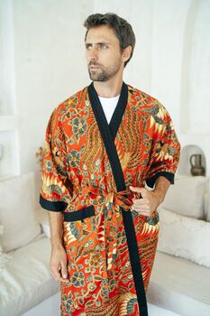 Men's Cotton Batik Kimono Robe In Red, 4 of 5