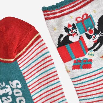 Women's Bamboo Socks Striped Christmas Cats, 4 of 5