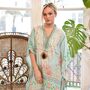 Floral Rose Border Viscose Kaftan In Turquoise With Heavy Cream Fishbone Embroidery, thumbnail 5 of 7