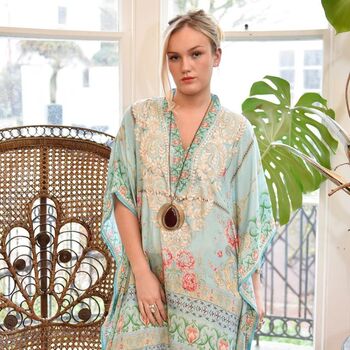Floral Rose Border Viscose Kaftan In Turquoise With Heavy Cream Fishbone Embroidery, 5 of 7