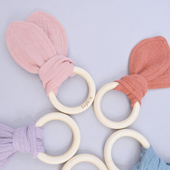 Personalised Teether Ring With Muslin Bunny Ears, 4 of 6