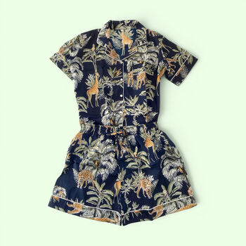 Giraffe And Leopard Print 100% Cotton Ladies Pyjama Short Set In Navy Blue, 4 of 6