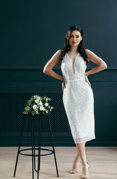 White Sequin Midi Wedding Dress With Deep Plunge And Open Back, 3 of 12