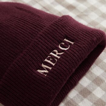 Personalised Slogan Deep Cuff Beanie Hat In Burgundy, 5 of 5