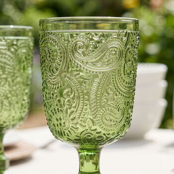 Set Of Four Lugo Paisley Embossed Green Wine Glass, 2 of 6