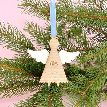 Personalised Wooden Angel Christmas Tree Decoration, 2 of 2