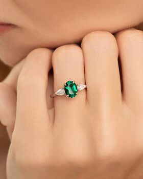 Emerald Oval Cut Three Stone Engagement Ring In Sterling Silver And Gold, 3 of 12