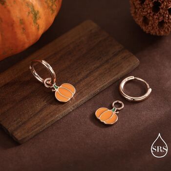 Enamel Pumpkin Huggie Hoops Earrings In Sterling Silver, 4 of 10