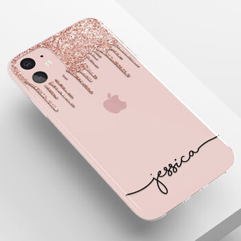Personalised Dripping Rose Gold Glitter Clear Case, 4 of 5